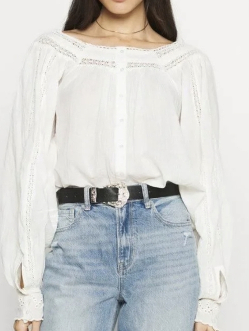 FREE PEOPLE White Cotton Blouse Lace Eyelet Reversible XS